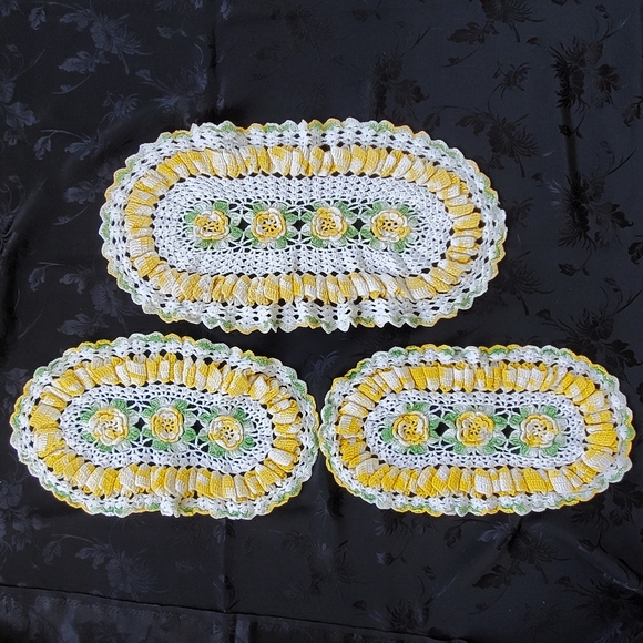 3 Rose Crochet Doilies Vintage 18" x 9" 13" x 7"